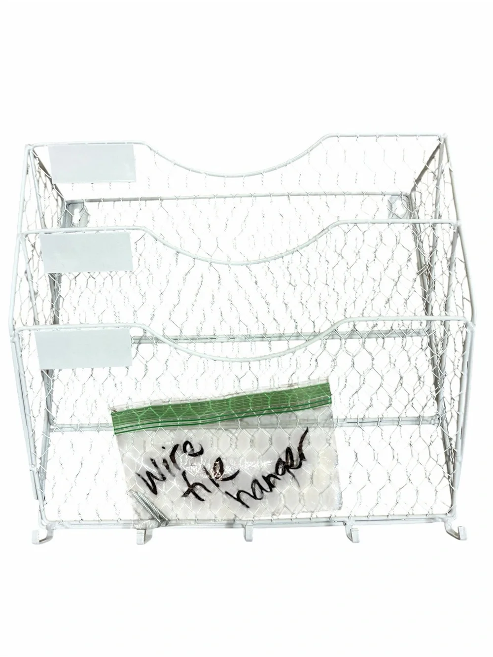 3 Tier White Wire Hanging Wall Mount Organizer w 5 Hooks & Mounting Screws